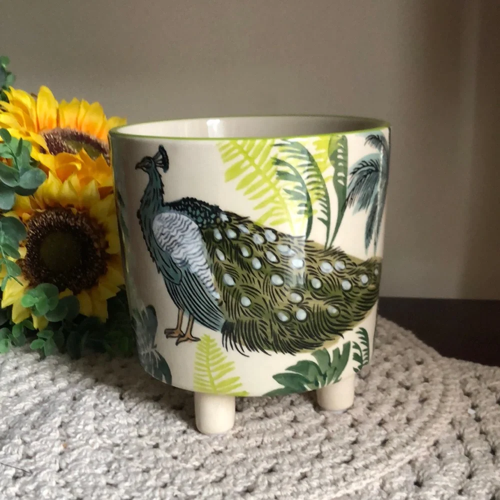 Decorative Green Peacock Ceramic Footed Planter Pot